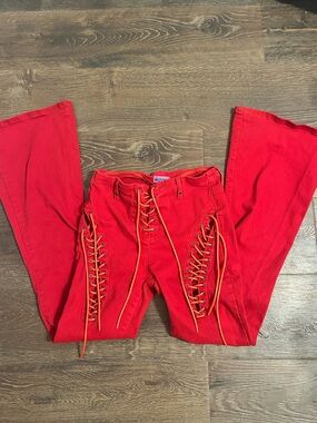 Edikted Red Lace-Up Flare Pants